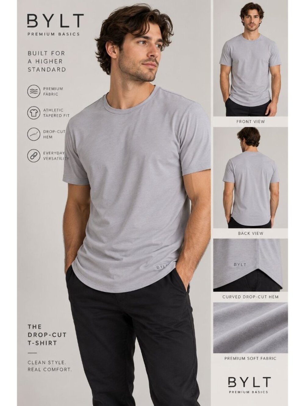 BYLT Premium Basics Drop-Cut T-Shirt curved drop-cut hemline, an athletic taper